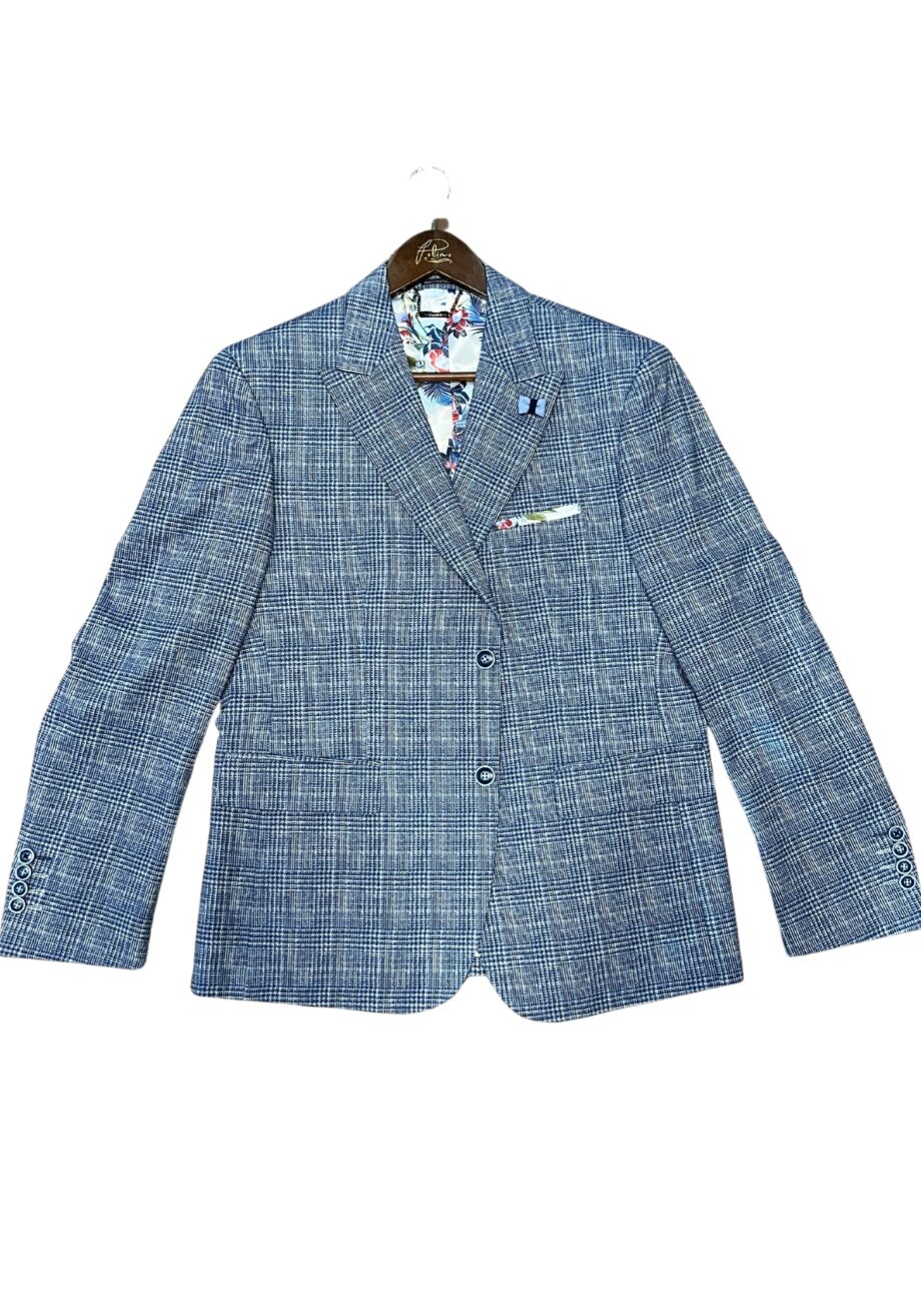 Men's Slim Fit Blue Cross Houndstooth Blazer – Stretch Fabric with Modern Detailing