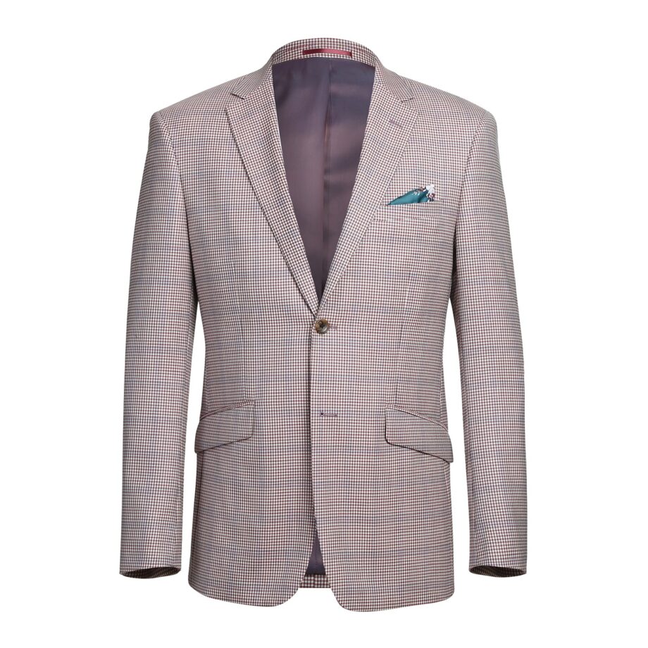 Men's Slim-Fit Wool Blazer in Beige Micro-Check - Classic Two-Button Design