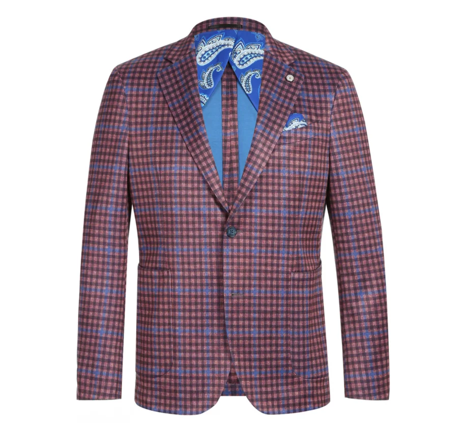 Men's Slim-Fit Burgundy and Blue Windowpane Wool-Linen Blazer - Two-Button Modern Style