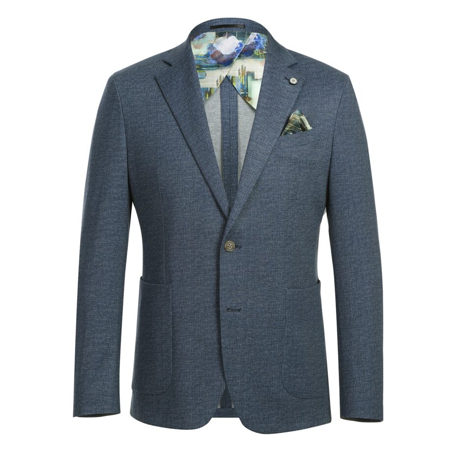 Men's Slim Fit Blue Textured Blazer with Artistic Print Lining - Single-Breasted, Notch Lapel
